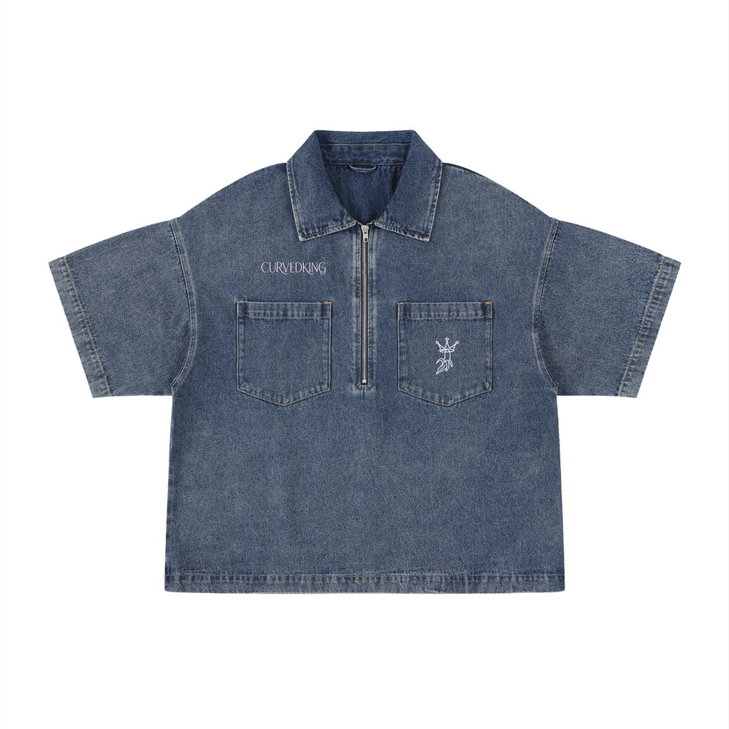 Unisex Vintage Wash Boxy Quarter-Zip Denim Shirt