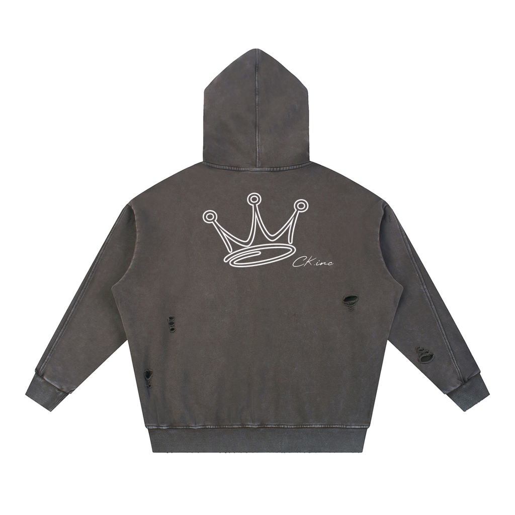 Snow Washed Distressed Panel Pocket Hoodie