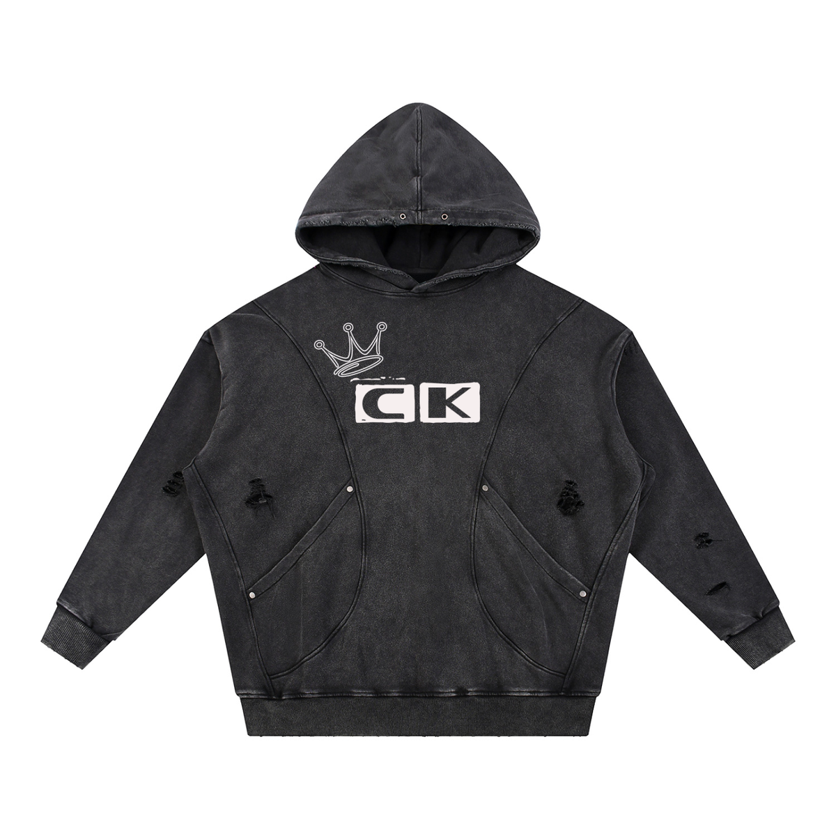 Snow Washed Distressed Panel Pocket Hoodie