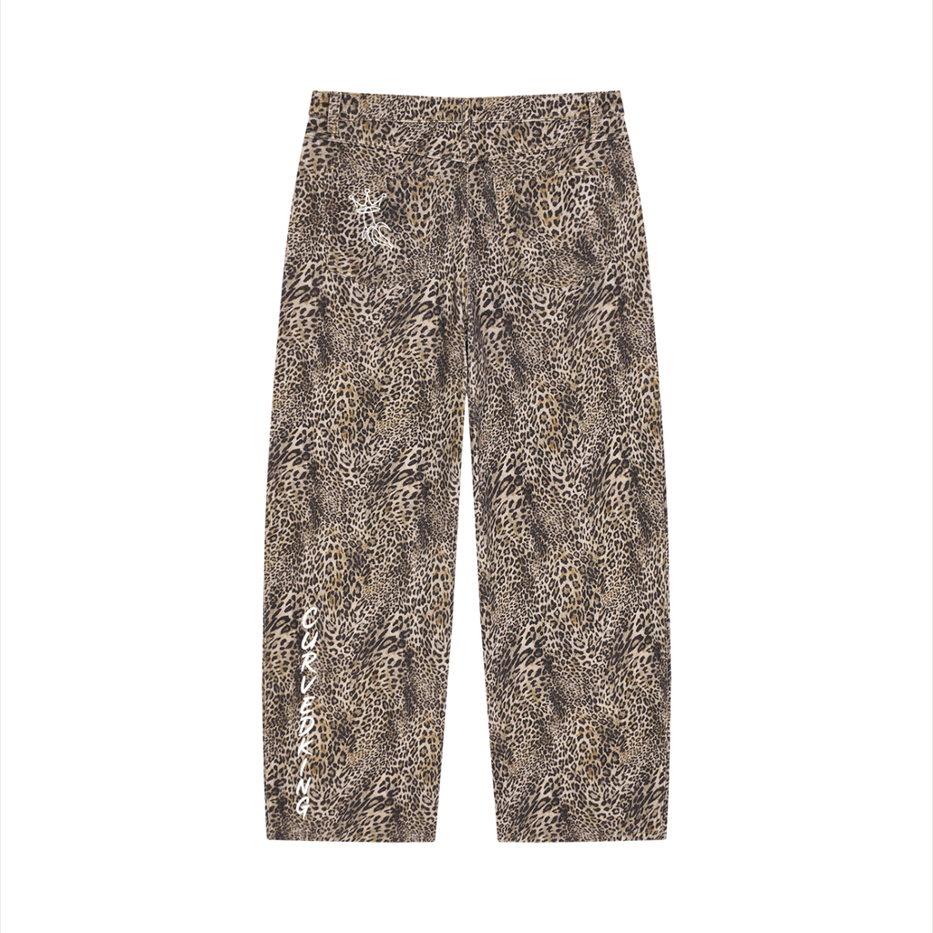Unisex Vintage Wash Leopard Wide Leg Jeans