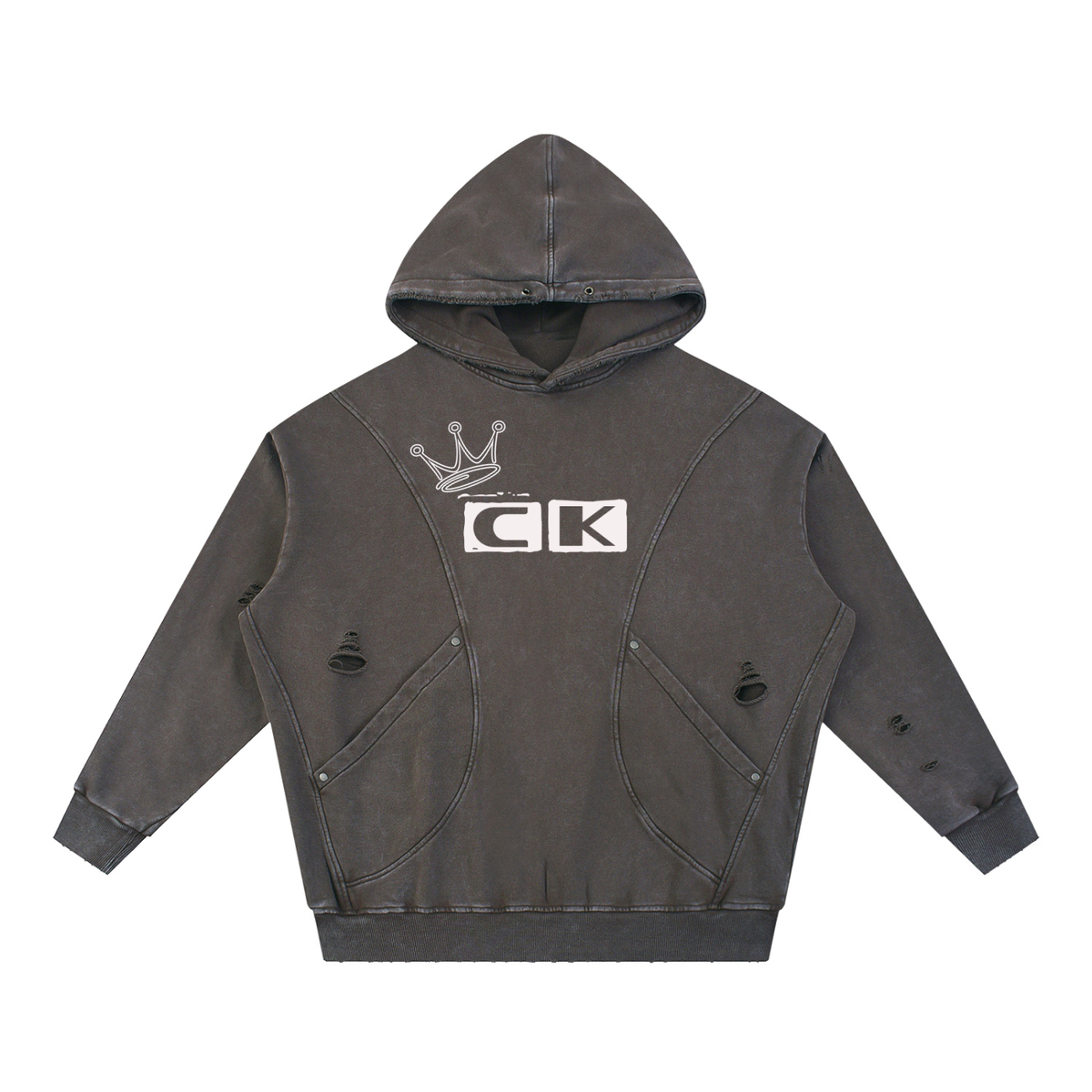 Snow Washed Distressed Panel Pocket Hoodie