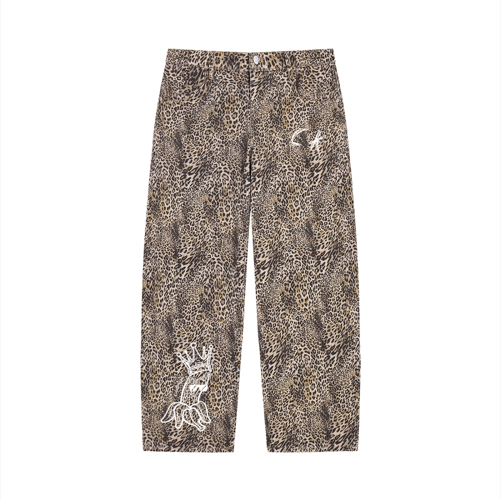 Unisex Vintage Wash Leopard Wide Leg Jeans