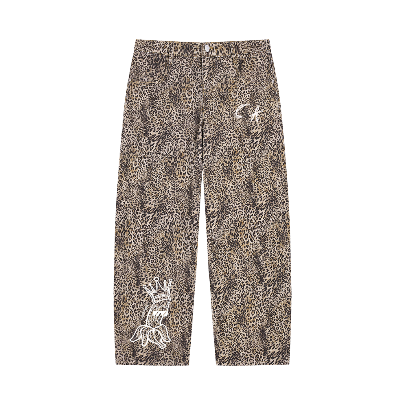 Unisex Vintage Wash Leopard Wide Leg Jeans