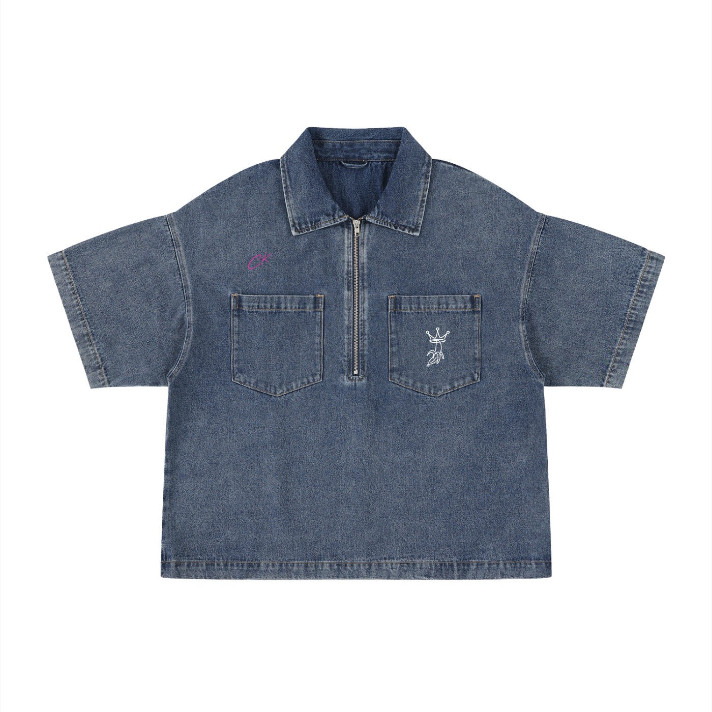 Unisex Vintage Wash Boxy Quarter-Zip Denim Shirt