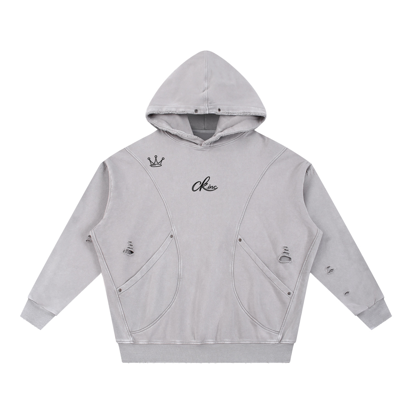 Snow Washed Distressed Panel Pocket Hoodie
