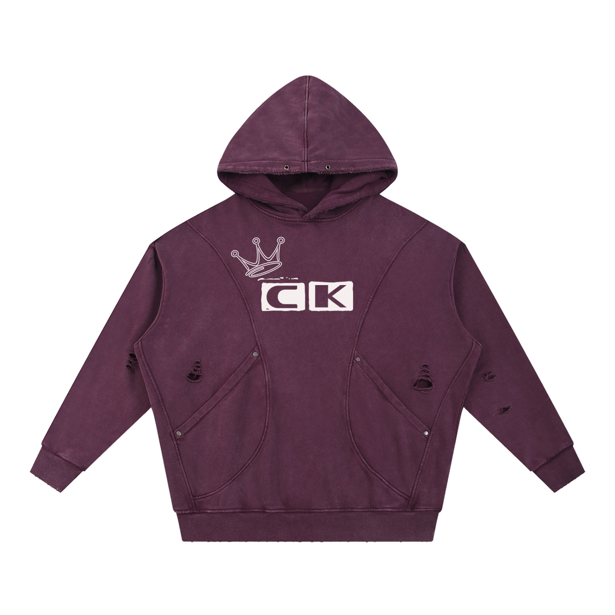 Snow Washed Distressed Panel Pocket Hoodie