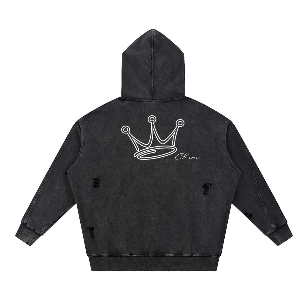 Snow Washed Distressed Panel Pocket Hoodie